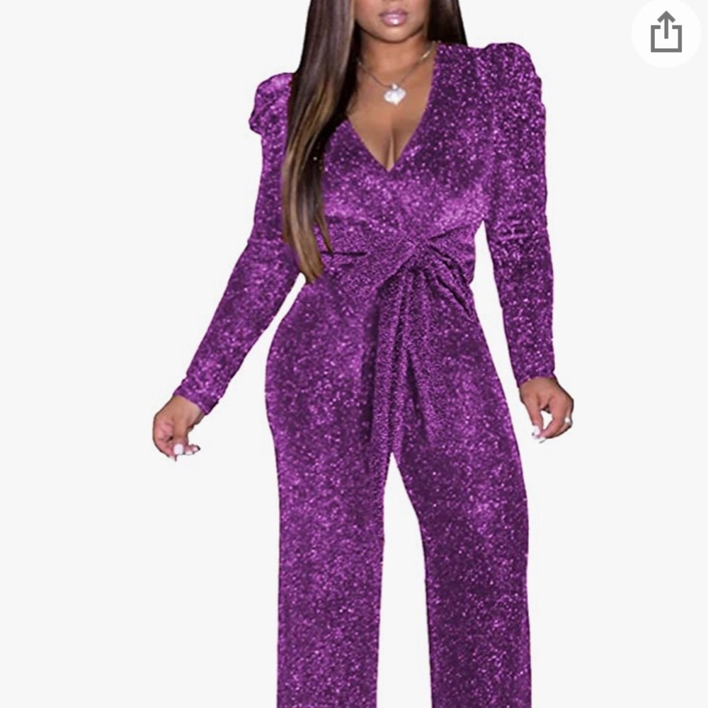 Purple metallic jumpsuit.